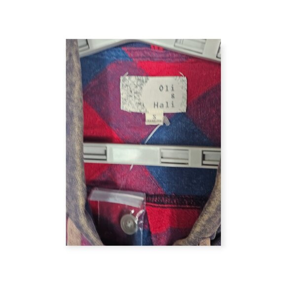 Oli & Hali Hooded Red Blue Plaid Shacket Brown Sleeves Distressed Hem Size S - Picture 8 of 8